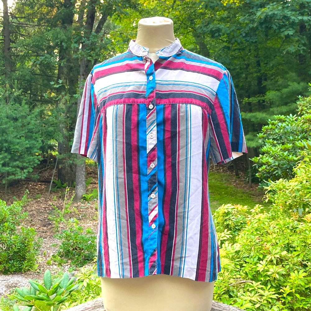 Vintage Mandarin-Collar Striped Button Up